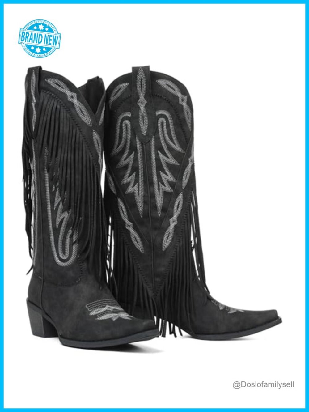 Faux Leather Fringe Cowboy Boots Knee High Western Boots Embroidered Pointed Toe